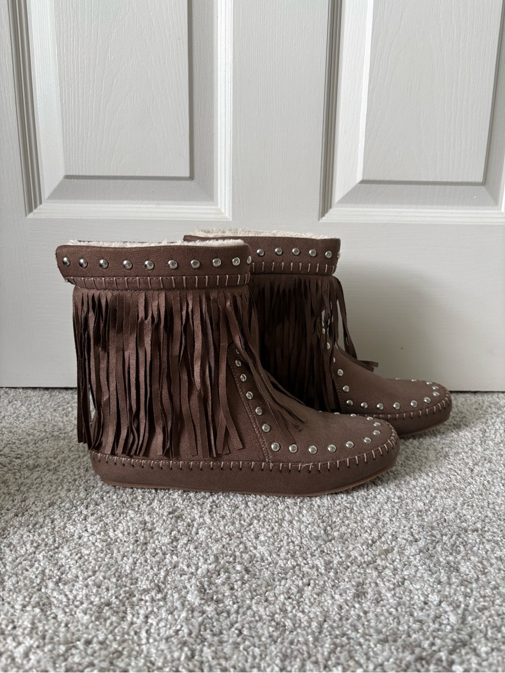 JustFab Brown Fringe Studded Moccasin Boots
